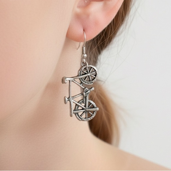 Jewelry - Cool Retro Faux-Silver Unique Whimsical Fun Bicycle Dangle Earrings